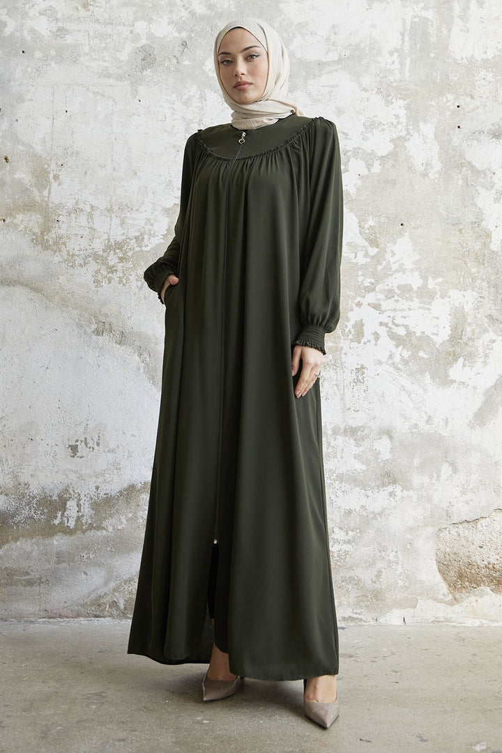 MDS Women Sleeve Tip Ruffled Abaya - Khaki - Ashford