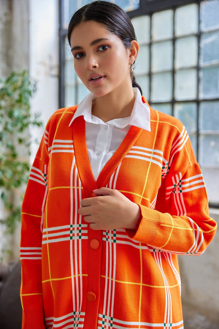 MDS Women Meri Checkered Knit Cardigan - Orange - Sanford