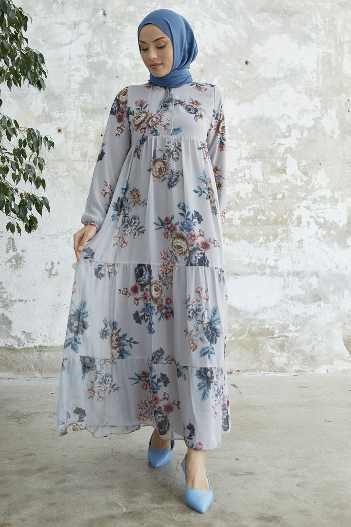 MDS Women Lace-Up Floral Chiffon Dress - Grey - Helmond