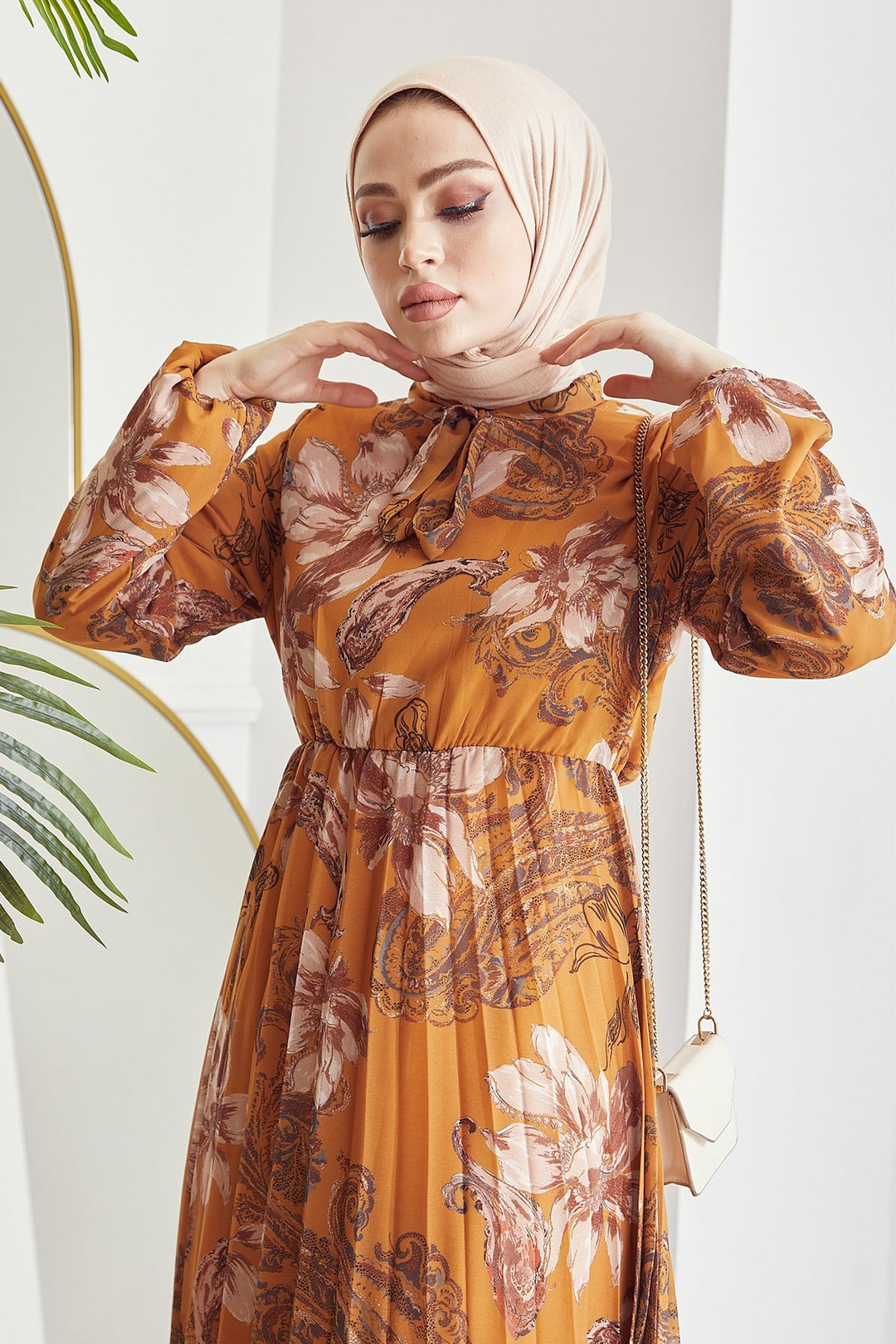 MDS Women Serena Flower Pattern Pleated Chiffon Dress - Mustard - Panama City