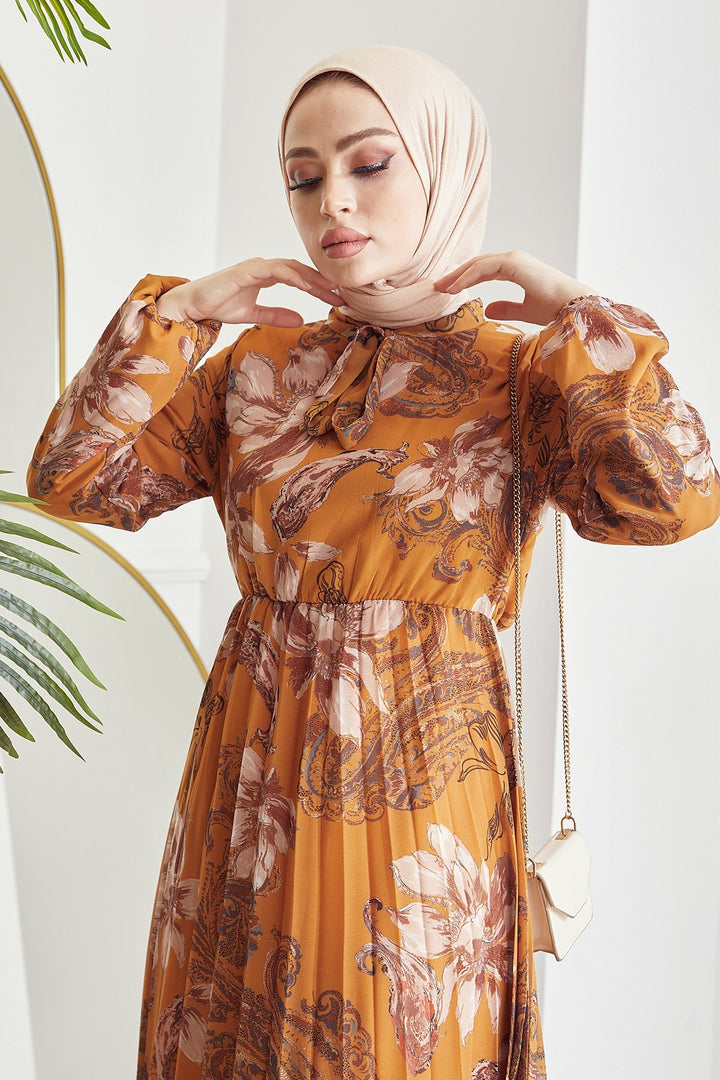 MDS Women Serena Flower Pattern Pleated Chiffon Dress - Mustard - Panama City