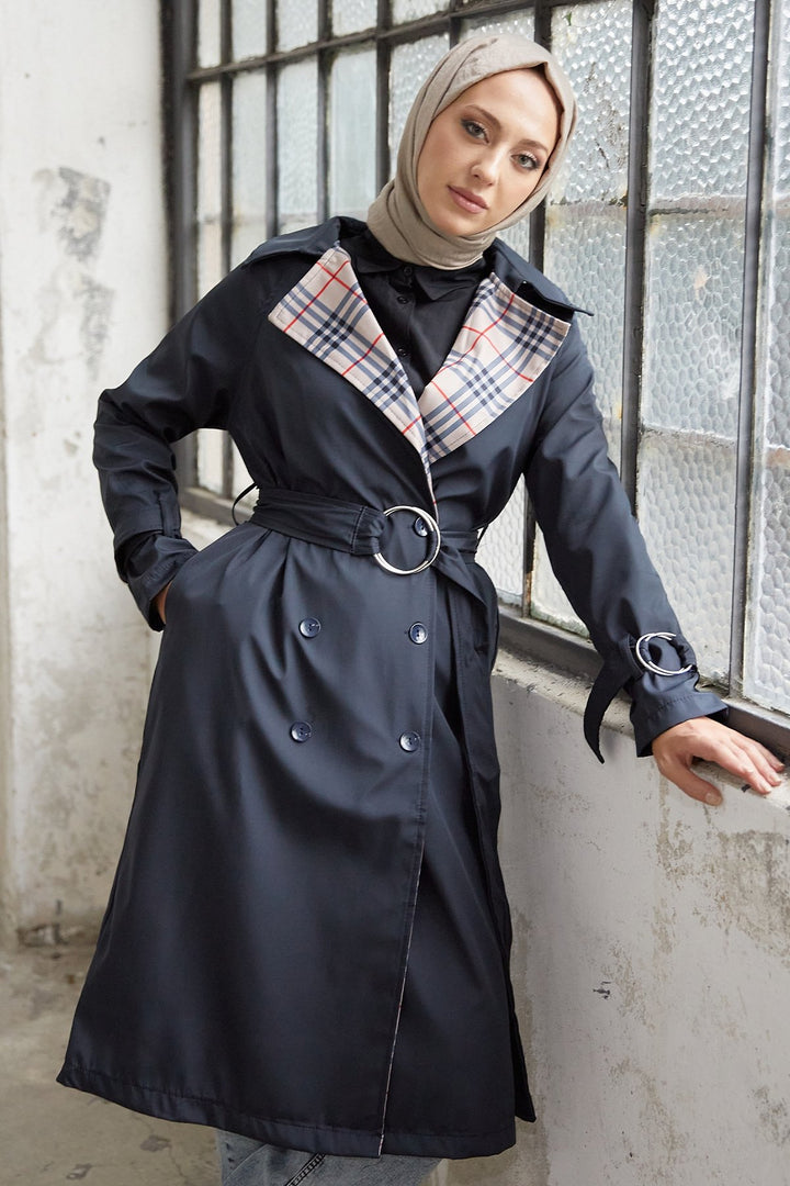 MDS Women Eleta Double-Breasted Checkered Trench Coat - Navy - Weymouth