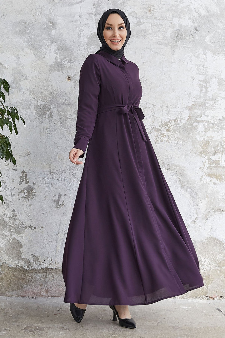 MDS Women Emery Belted Shirt Collar Abaya - Purple - Ahaus