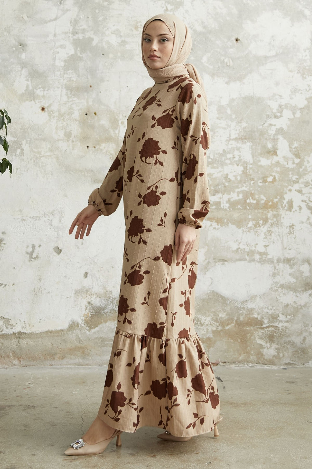 MDS Women Large Flower Pattern Dress - Brown - Dunkerque