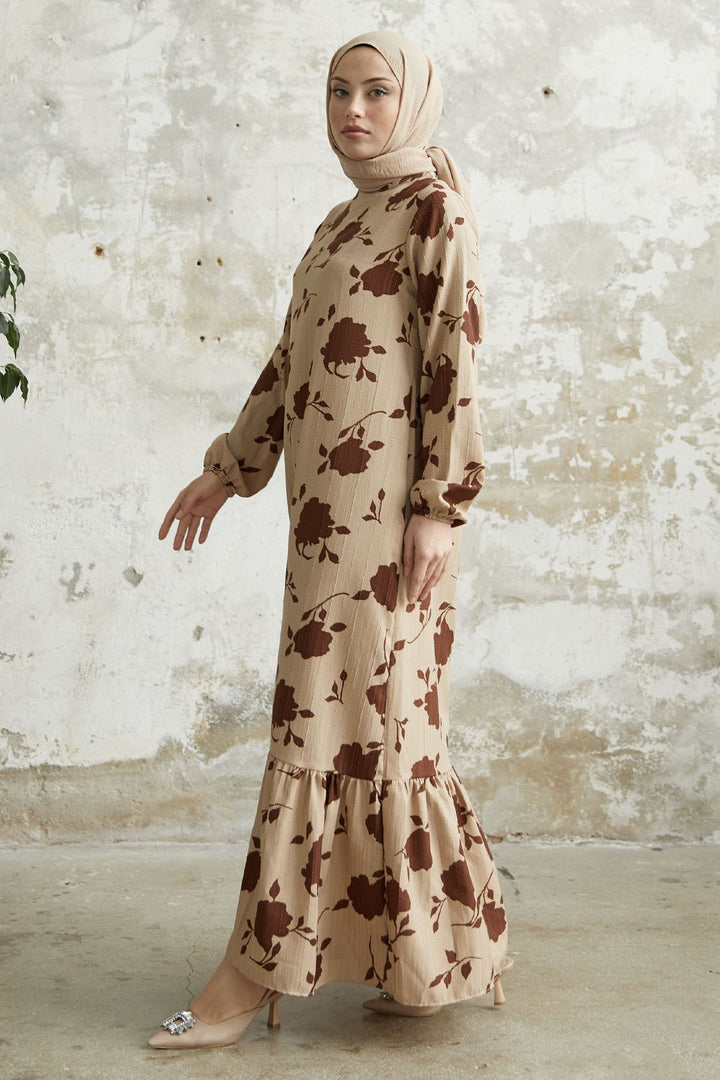 MDS Women Large Flower Pattern Dress - Brown - Dunkerque