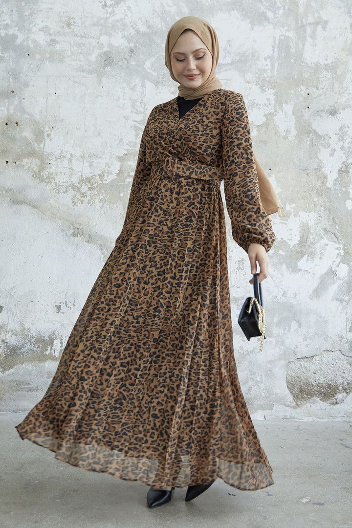 MDS Women Patterned Wrap Neck Chiffon Dress - Brown - Kobryn