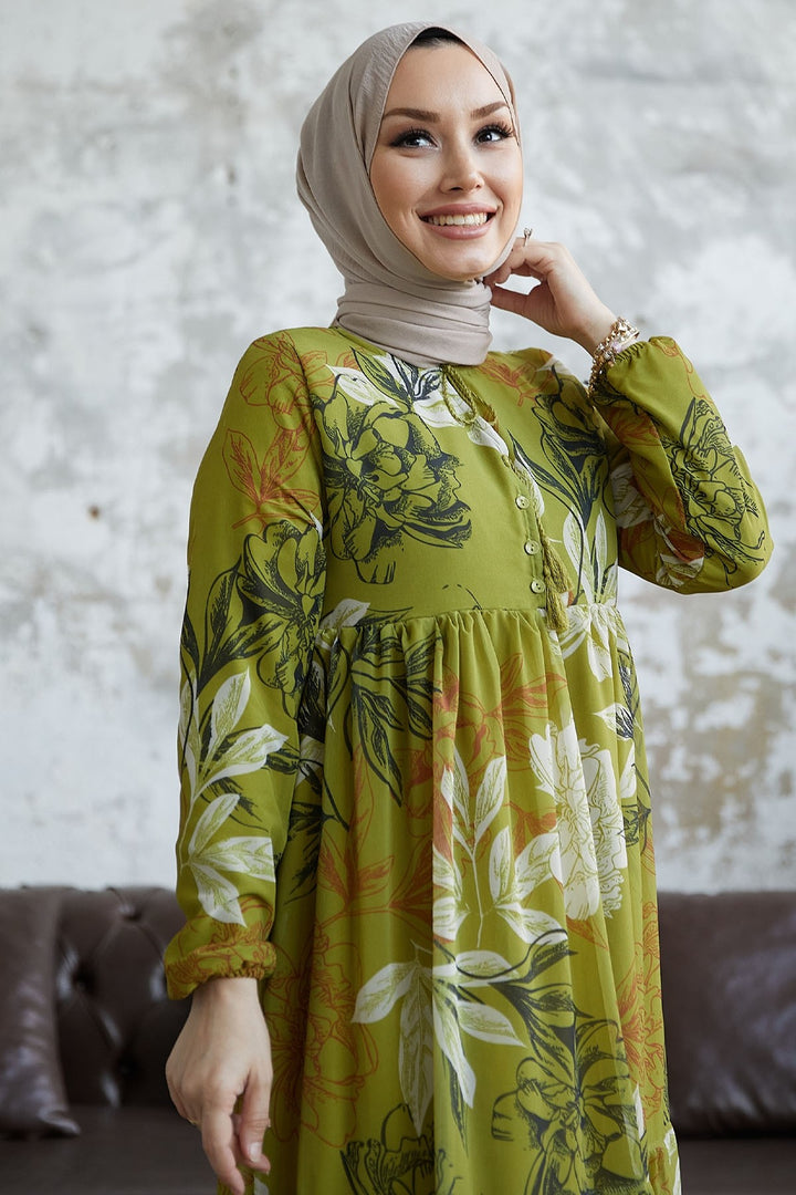 MDS Women Jalya Collar Buttoned Chiffon Dress - Olive Green - Rimini