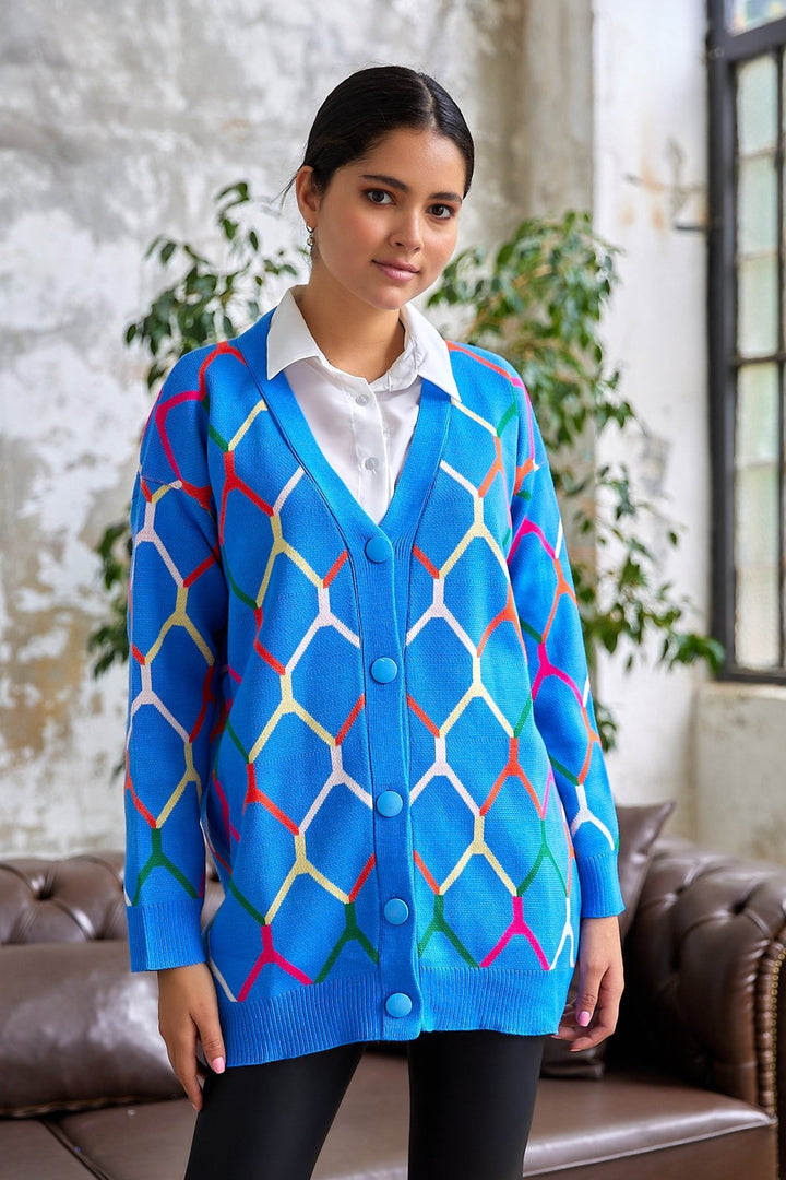 MDS Women Tera Patterned Cardigan - Blue - Columbia
