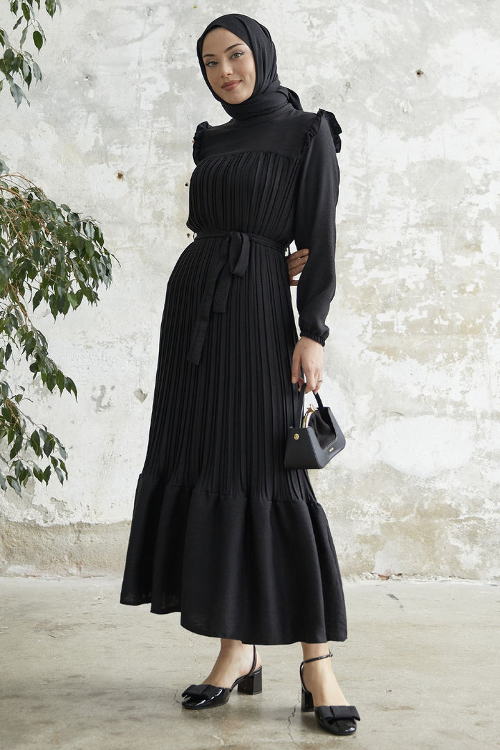 MDS Women Ruffle Trim Linen Dress with Puffed Shoulders - Black - Vitrolles