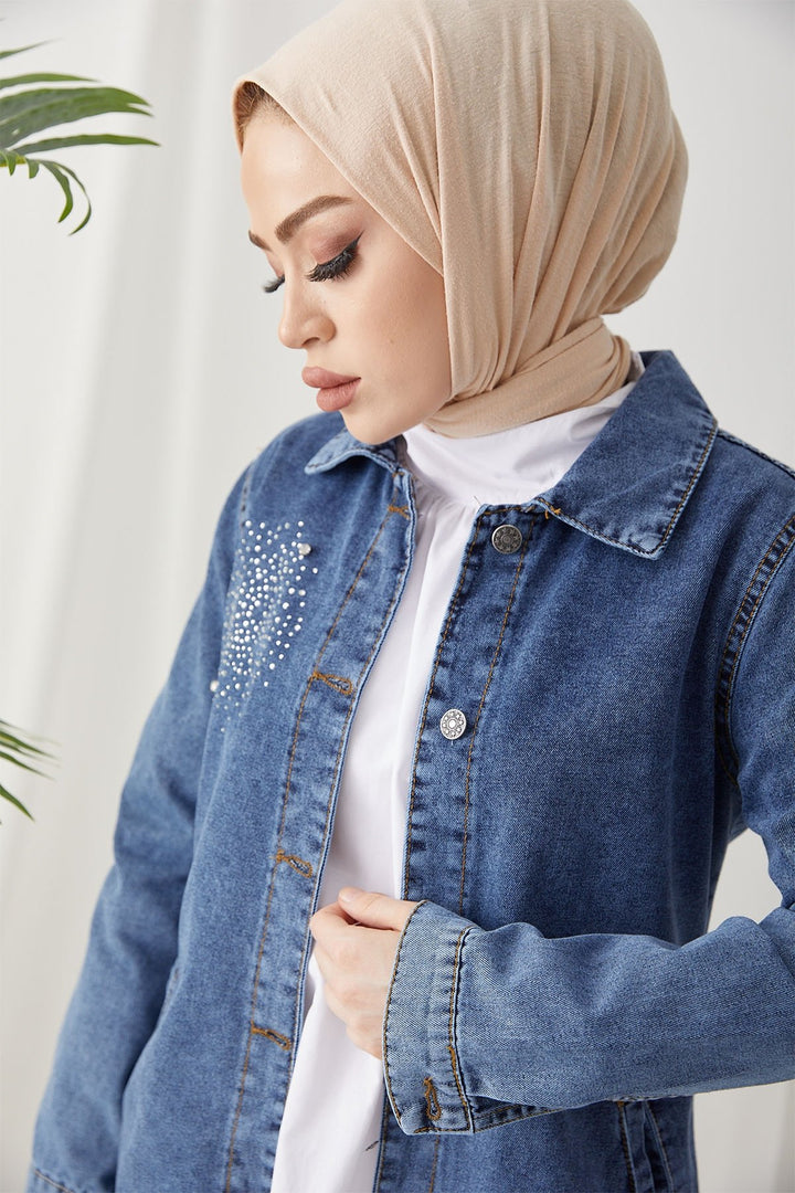 MDS Women Pearl Detailed Denim Jacket - Ice Blue - Bayreuth