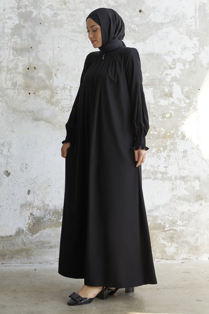 MDS Women Pleated Detail Ruched Abaya - Black - Liverpool