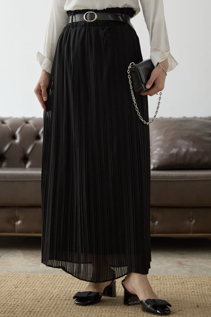 MDS Women Ruched Waist Chiffon Skirt with Belt - Black - Petaluma