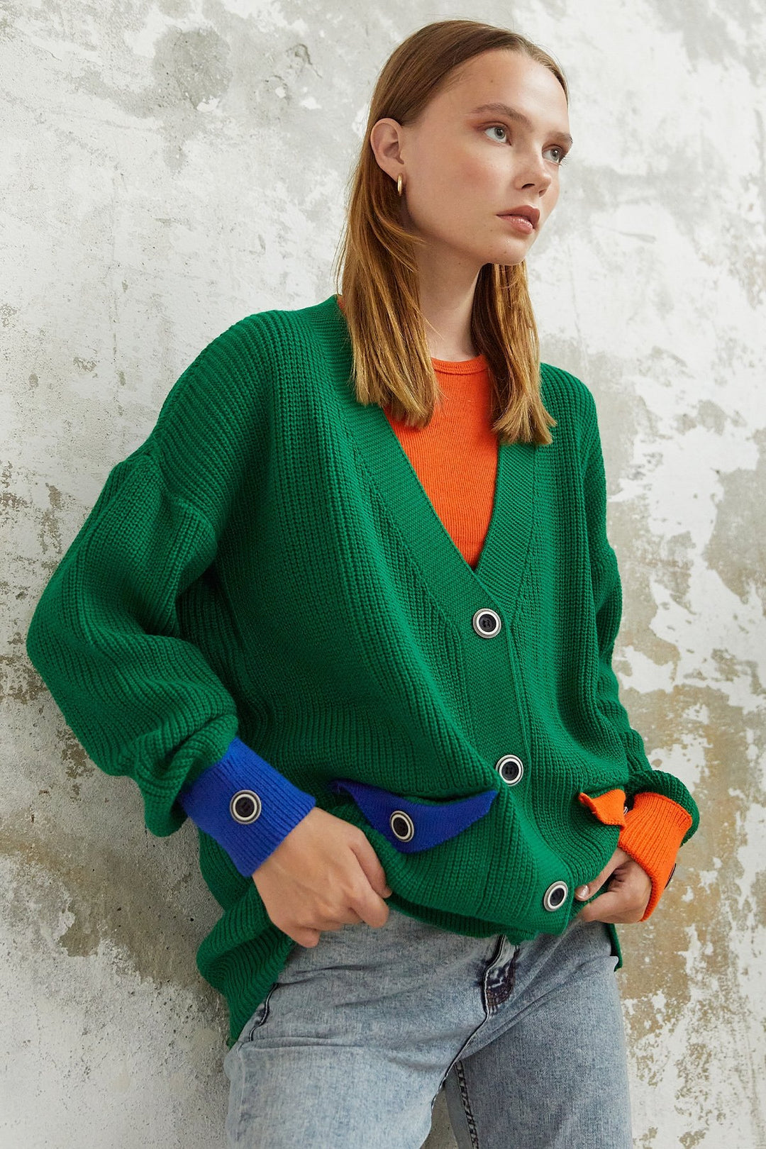 MDS Women Buttoned Pocket and Sleeve Knit Cardigan - Green - Oakville