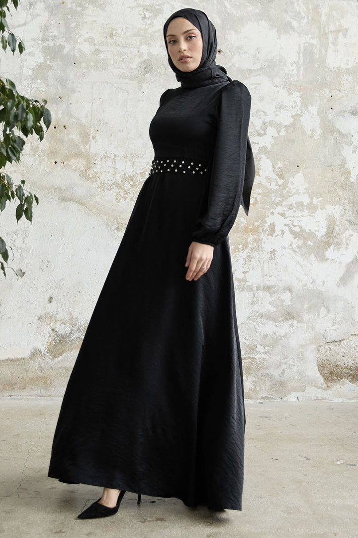 MDS Women Stone Belted Glitter Satin Dress - Black - Mixquiahuala de Juarez