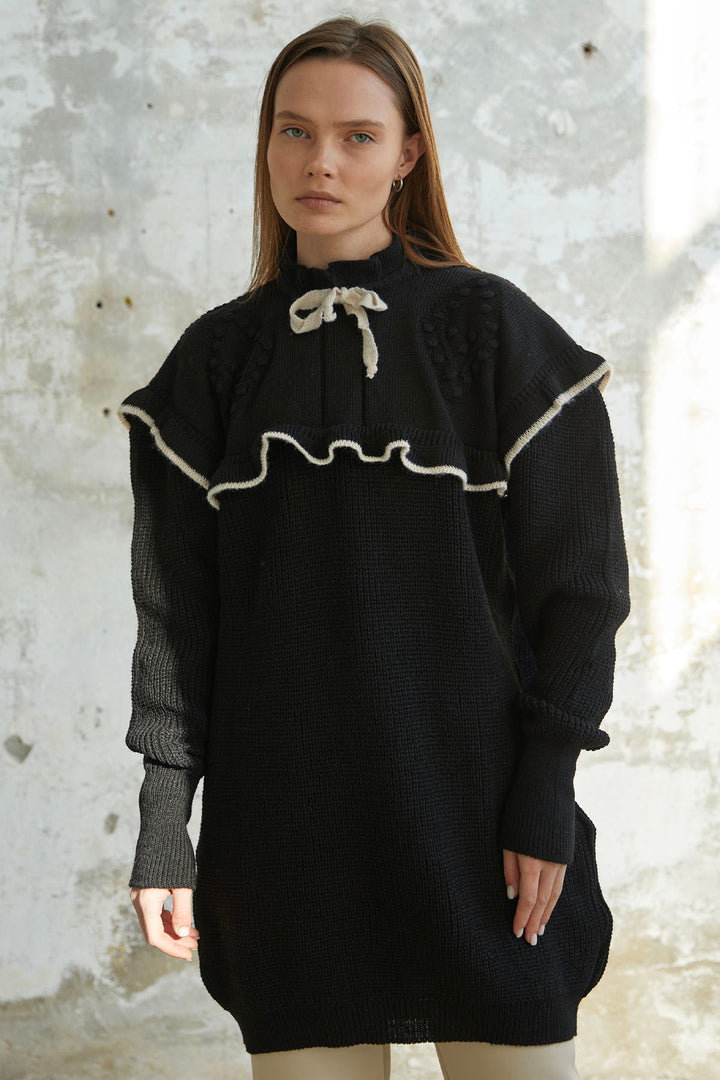 MDS Women Matilda Frilly Detail Knit Tunic - Black - Goslar