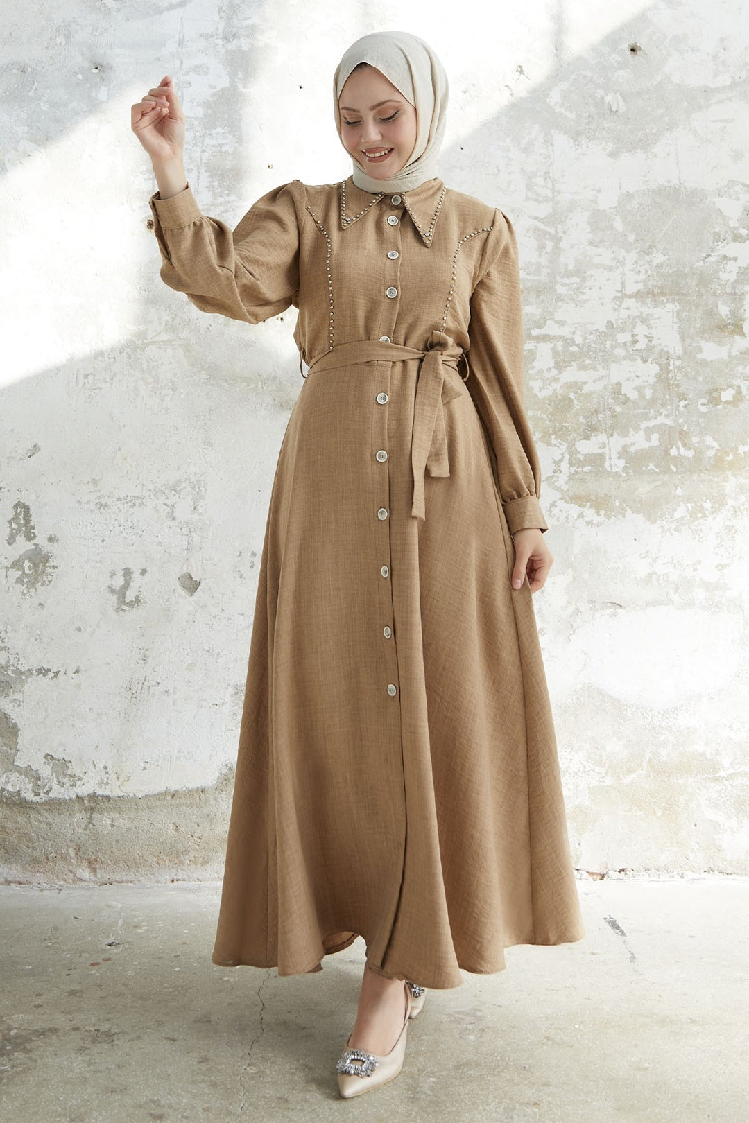 MDS Women Beaded Buttoned Linen Dress - Milky Coffee - Dunstable