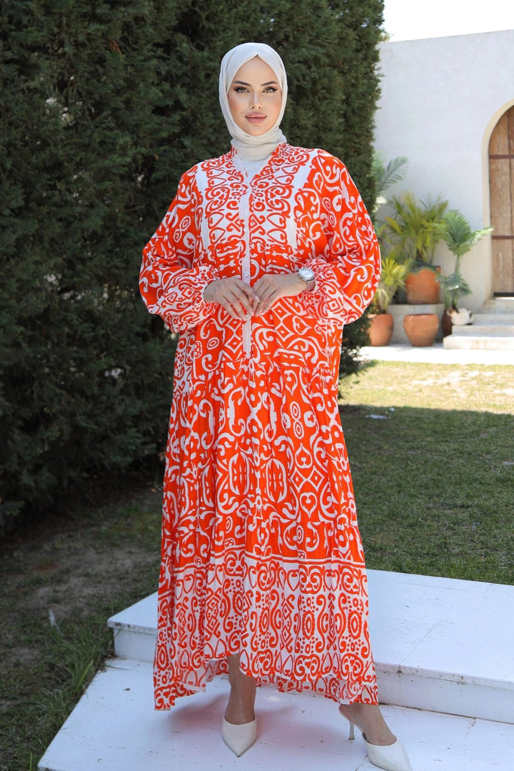 MDS Women Patterned Loose Ethnic Orange Viscose Dress - Fremont