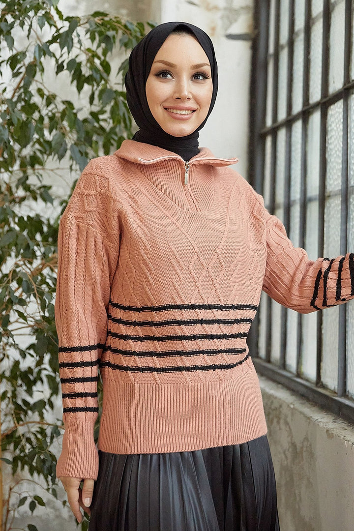 MDS Women Sova Neck Zippered Striped Knit Sweater - Salmon \ Black - Exeter
