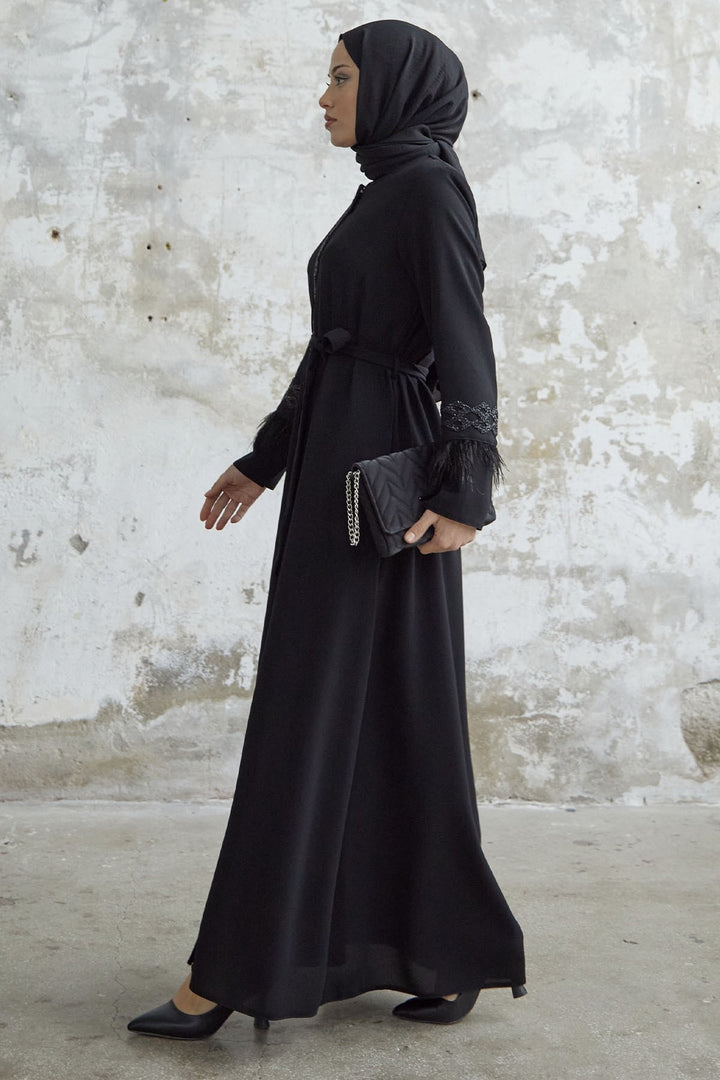 MDS Women Sleeve Tip Feather Detail Stoned Abaya - Black - Dewsbury