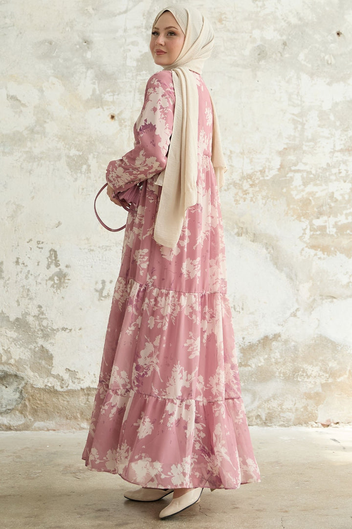 MDS Women Leaf Pattern Front Tasseled Rose Dry Chiffon Dress - Bitterfeld