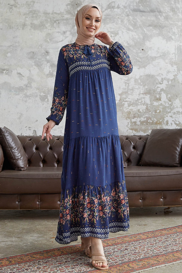 MDS Women Flowy Dress with Watery Pattern - Navy Blue - Land O Lakes