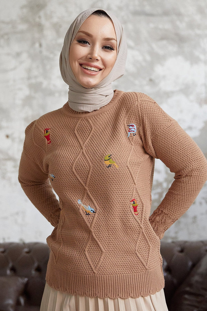 MDS Women Minsa Bird Pattern Embroidered Knit Sweater - Camel - Seixal