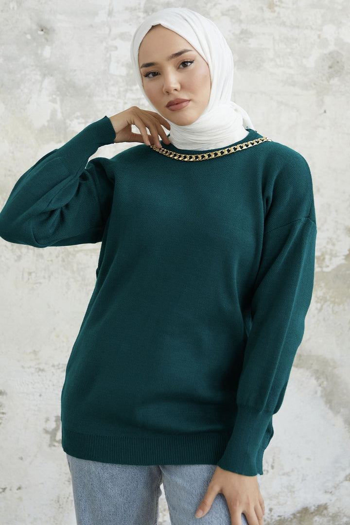 MDS Women Green Chain Detailed Knit Sweater - Emerald Green - Limerick