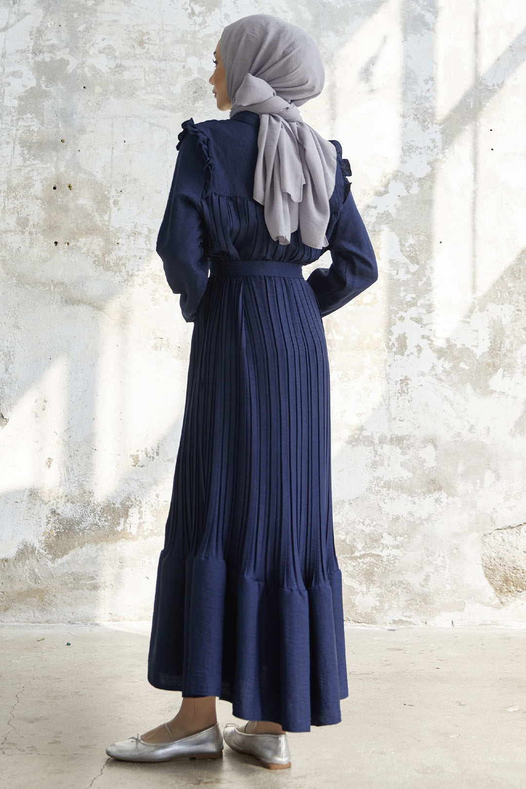 MDS Women Ruffle Trim Linen Dress with Puffed Shoulders - Navy - Seattle