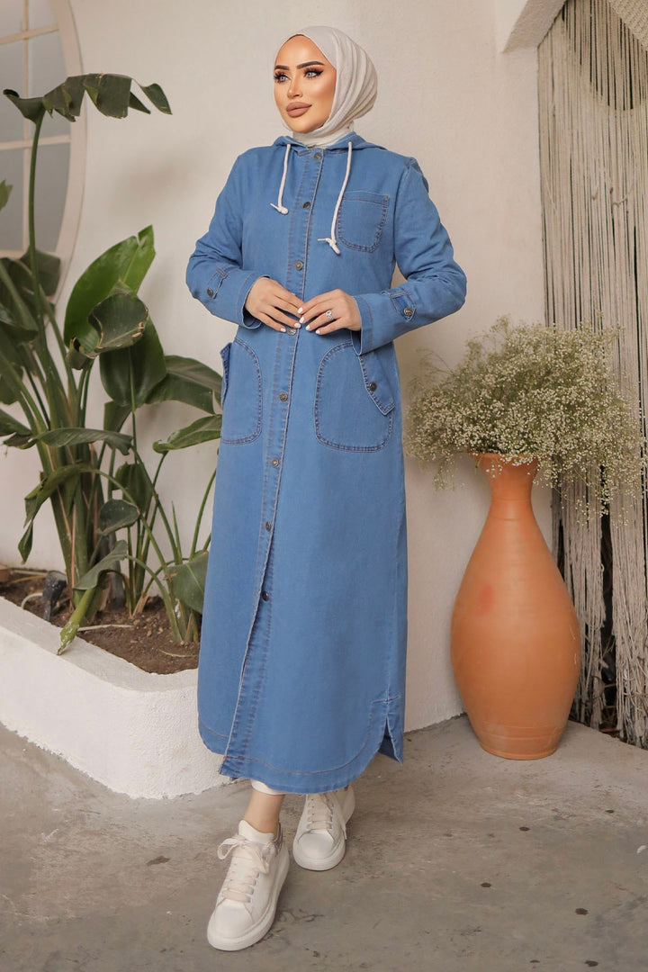 MDS Women Pocket Hooded Denim Abaya - Blue - Ladispoli