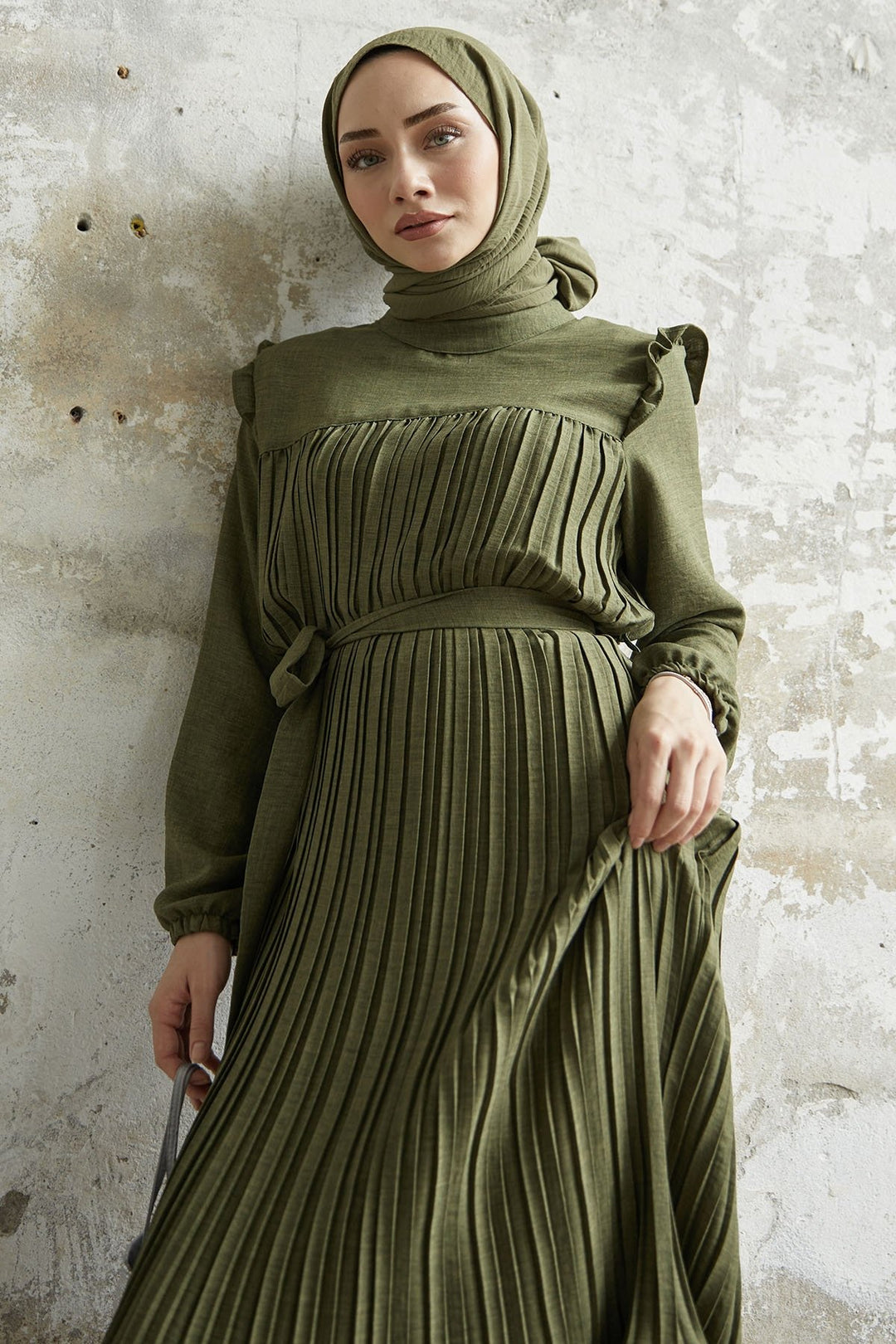 MDS Women Ruffle Trim Linen Dress with Puff Sleeves - Khaki - Manukau City