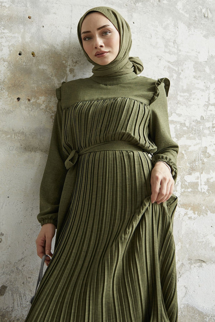 MDS Women Ruffle Trim Linen Dress with Puff Sleeves - Khaki - Manukau City