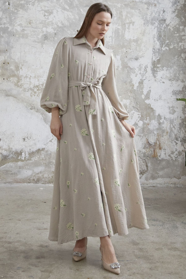 MDS Women Floral Embroidered Linen Dress - Beige - Aubervilliers