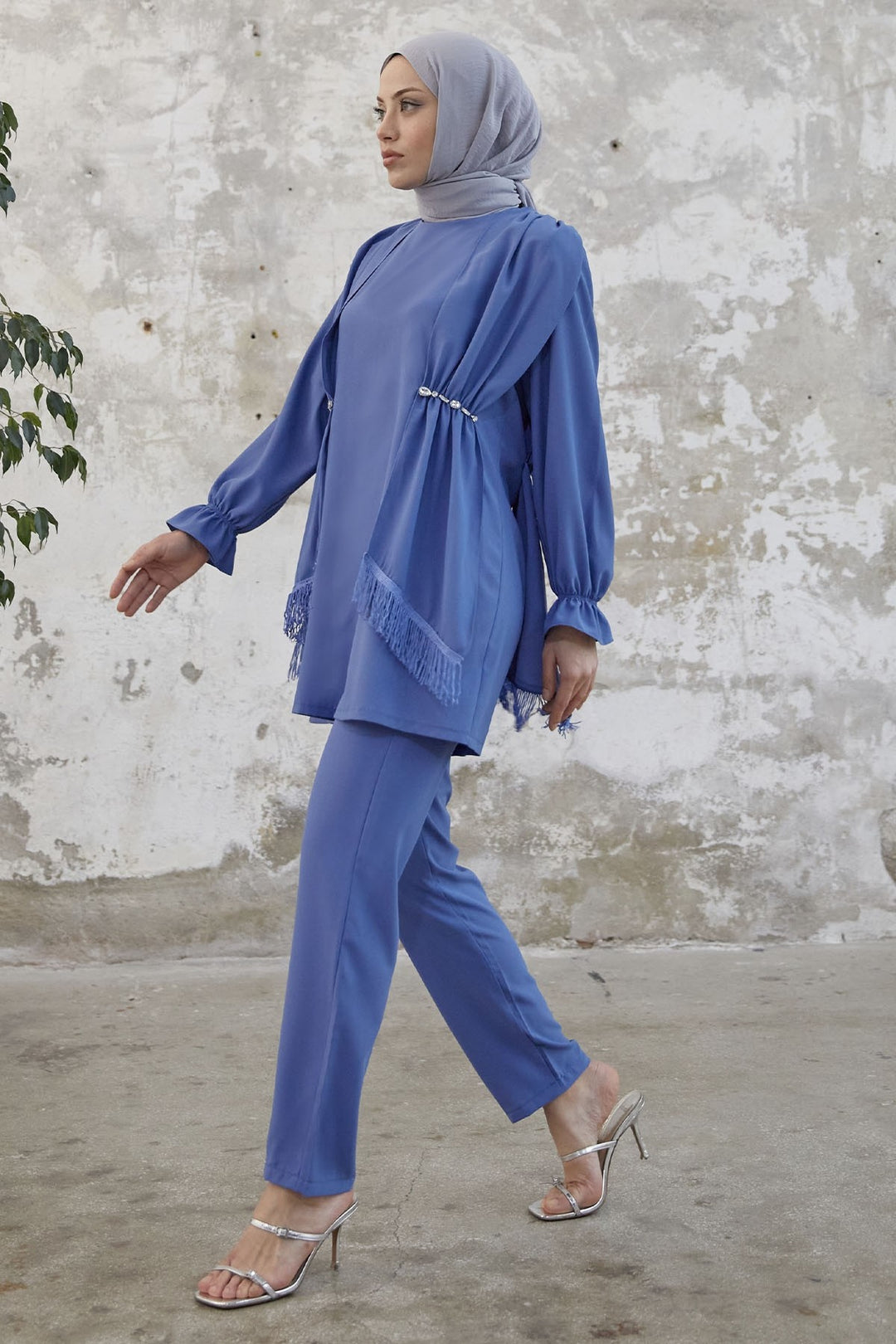 MDS Women Tassel Detail Stone Crepe Set - Indigo - Gatineau