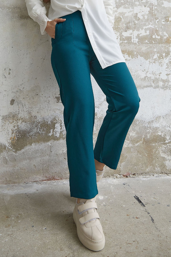 MDS Women High Waist Pleated Double Fabric Pants - Petrol Blue - Bartlett