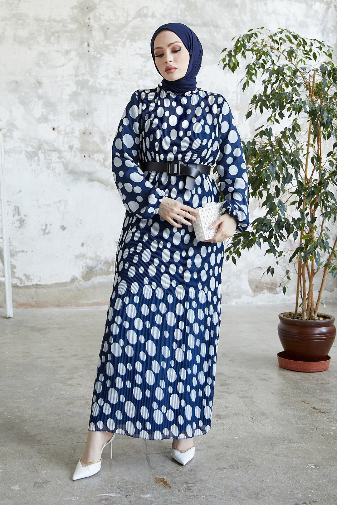 MDS Women Mariya Polka Dot Pattern Chiffon Dress - Navy Blue - Hempfield
