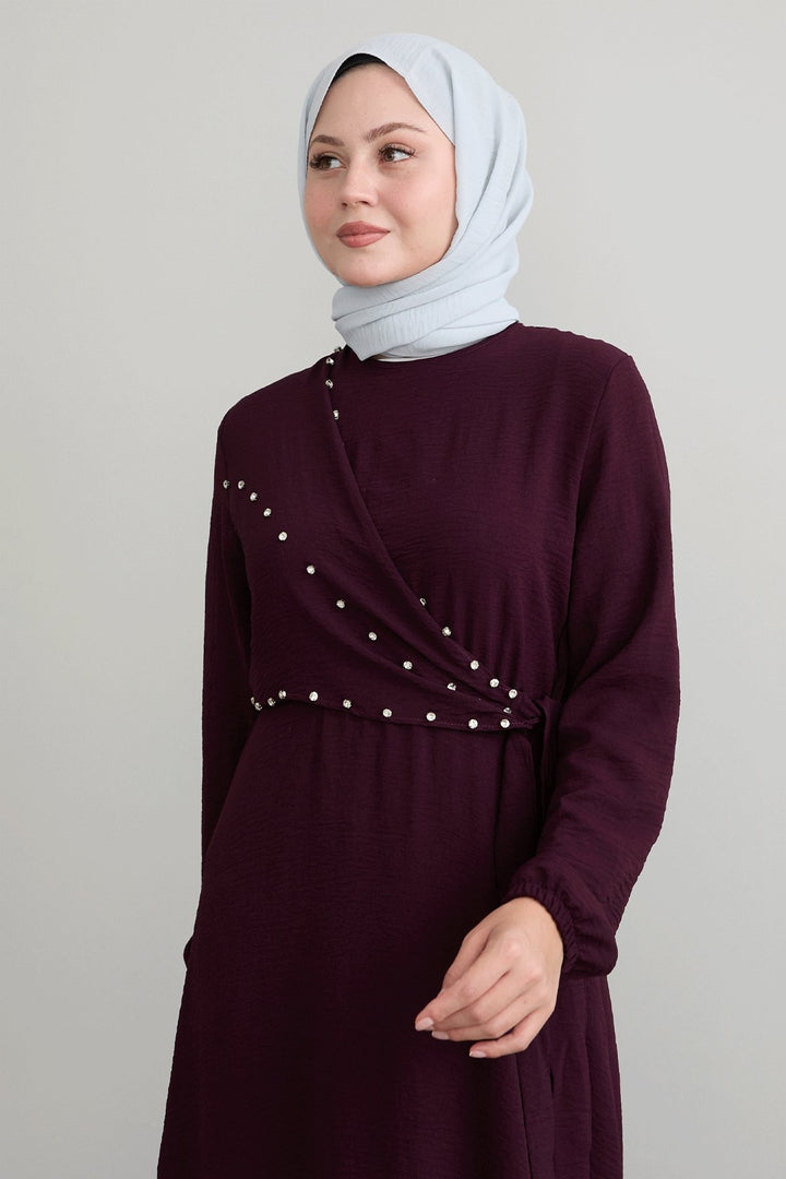 MDS Women Burgundy A-line Dress with Front Tie Detail - Mexico City