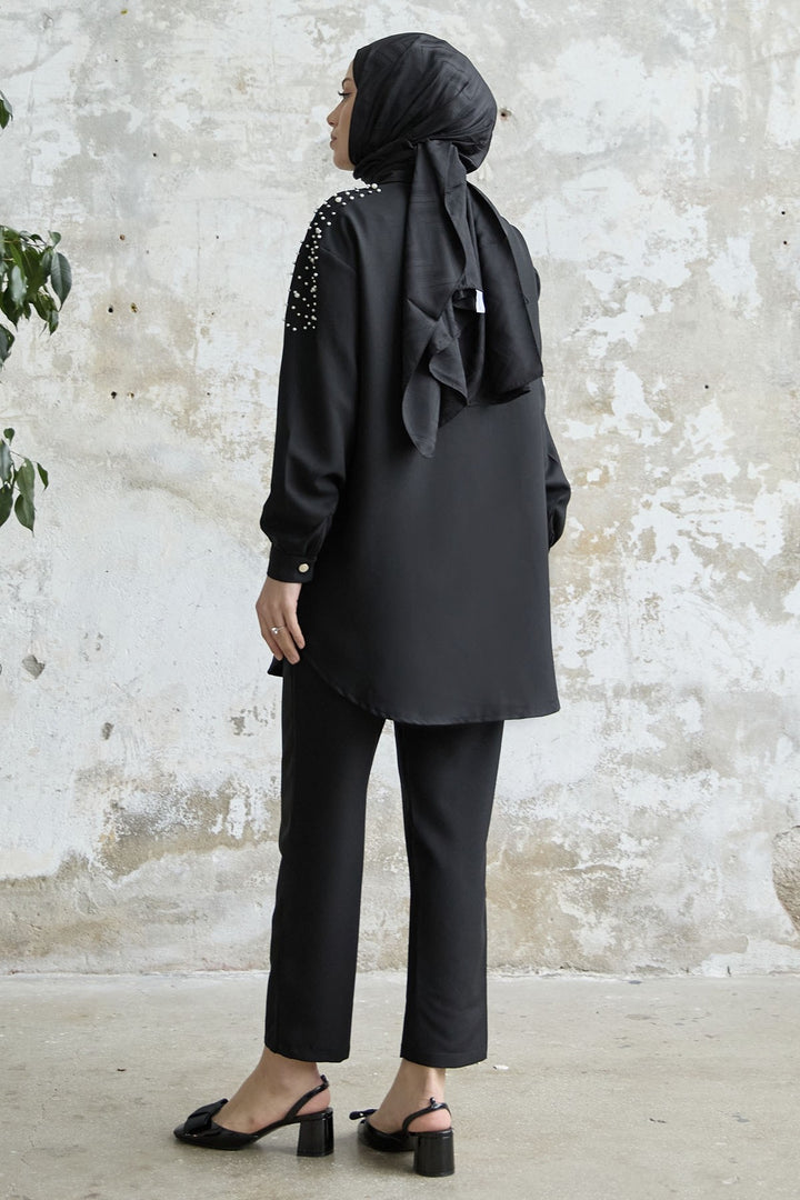 MDS Women Linen Set with Embroidery - Black - Baytown