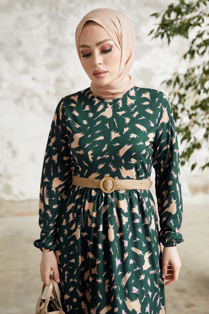 MDS Women Rena Straw Belted Patterned Dress - Petrol Green - Temple City