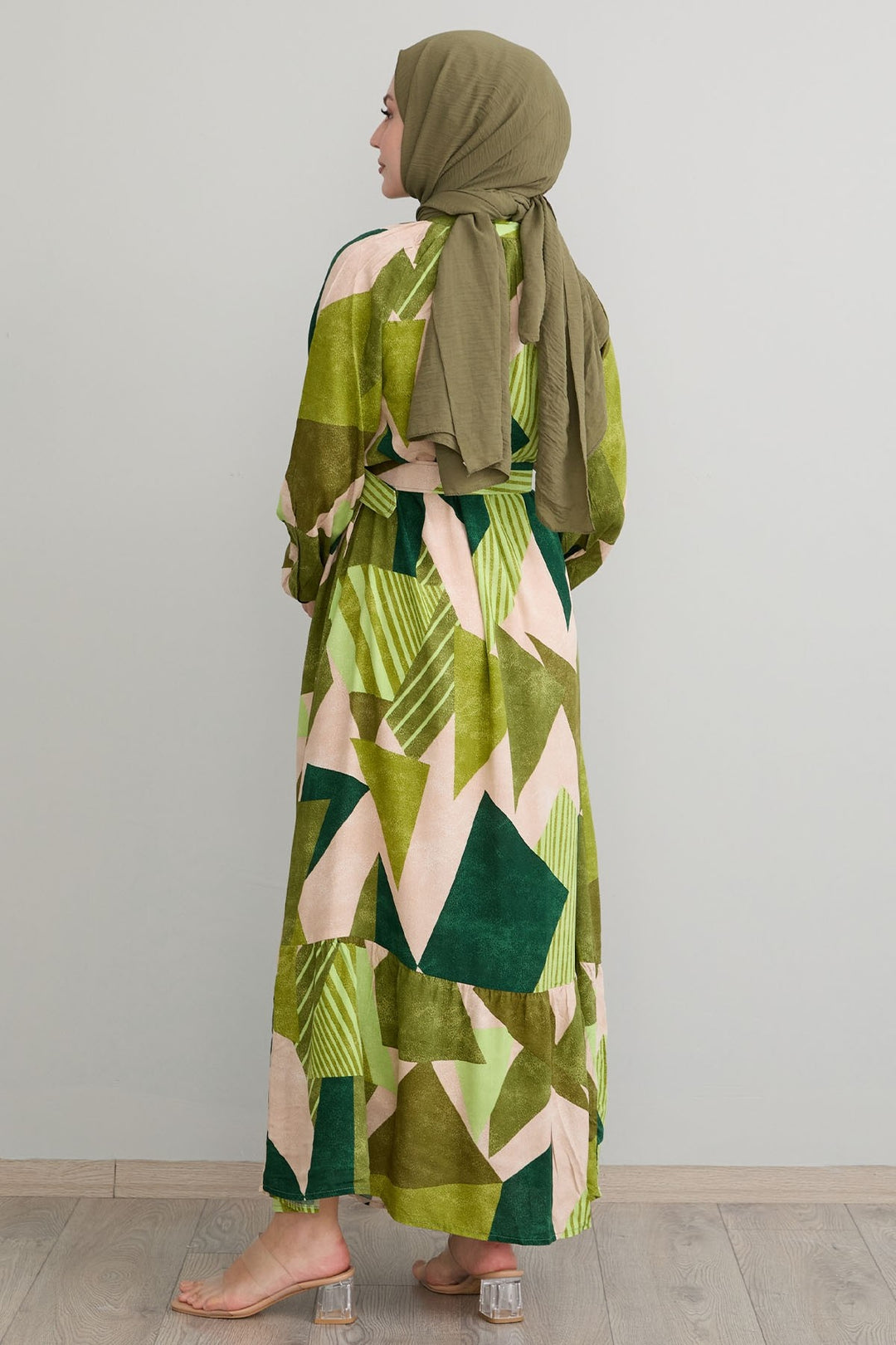 MDS Women Geometric Patterned Belted Khaki Viscose Dress - Palenque