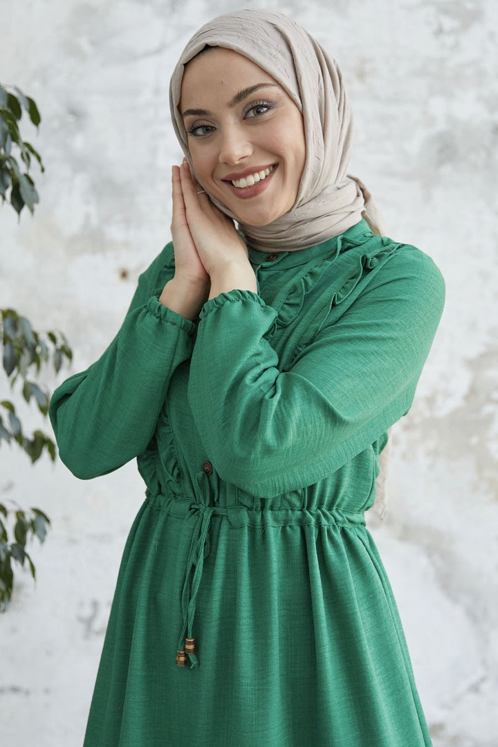 MDS Women Frilled Detail Buttoned A-line Dress - Green - Santa Cruz