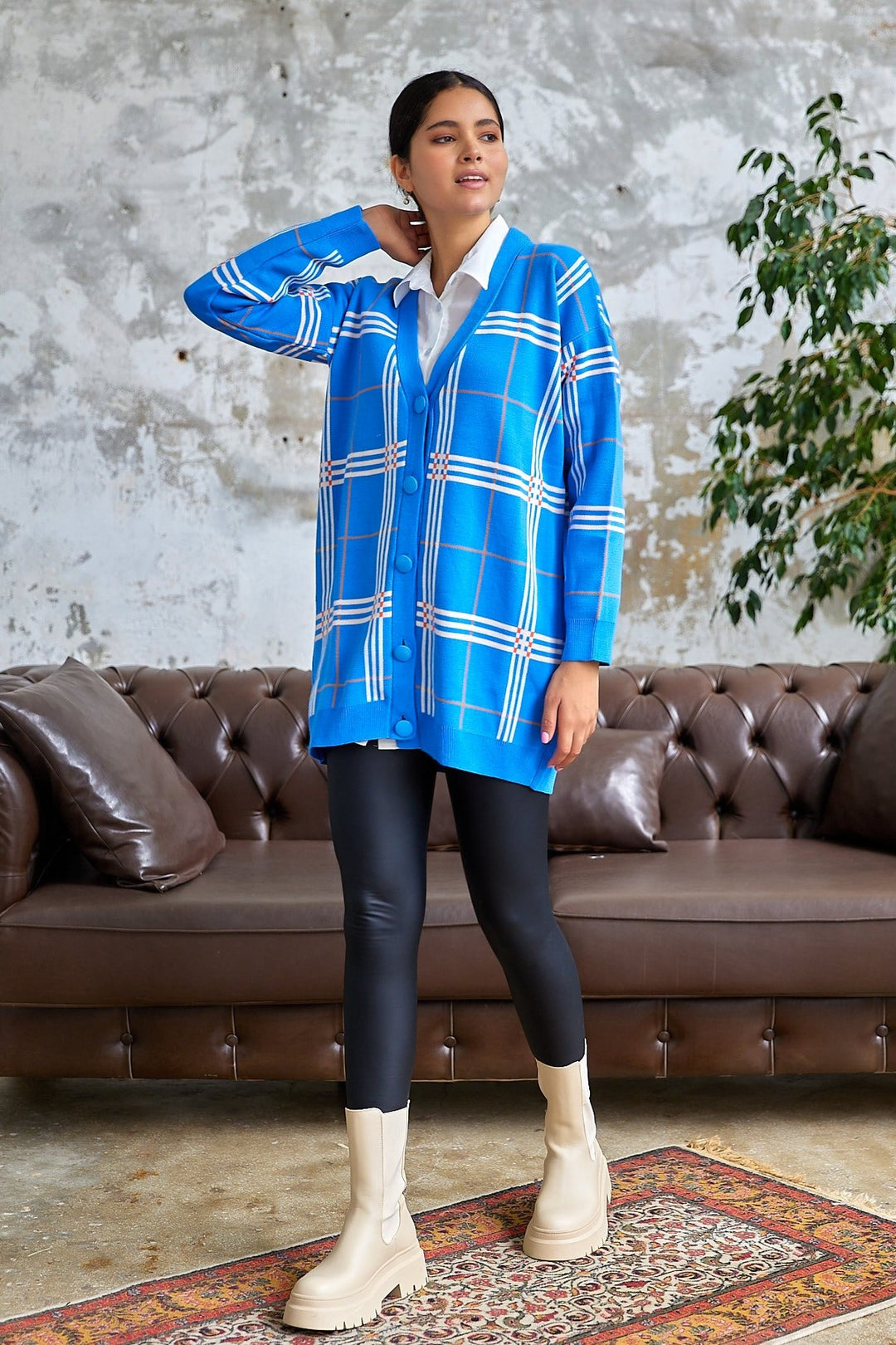 MDS Women Meri Checkered Knit Cardigan - Blue - Marinha Grande