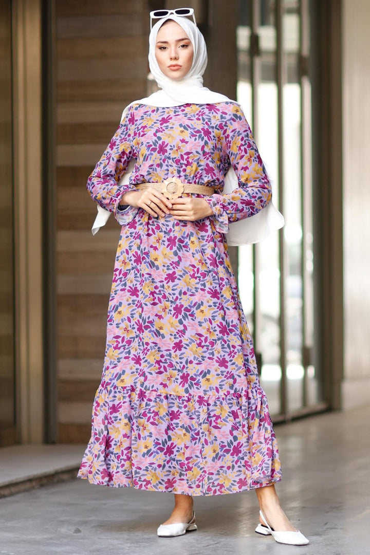 MDS Women Leaf Pattern Chiffon Dress - Lilac - Perpignan