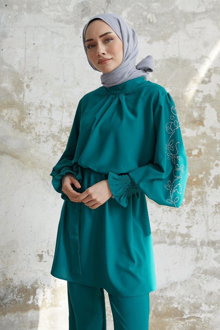 MDS Women Stone Detailed Balloon Sleeve Satin Set - Emerald Green - Rochdale