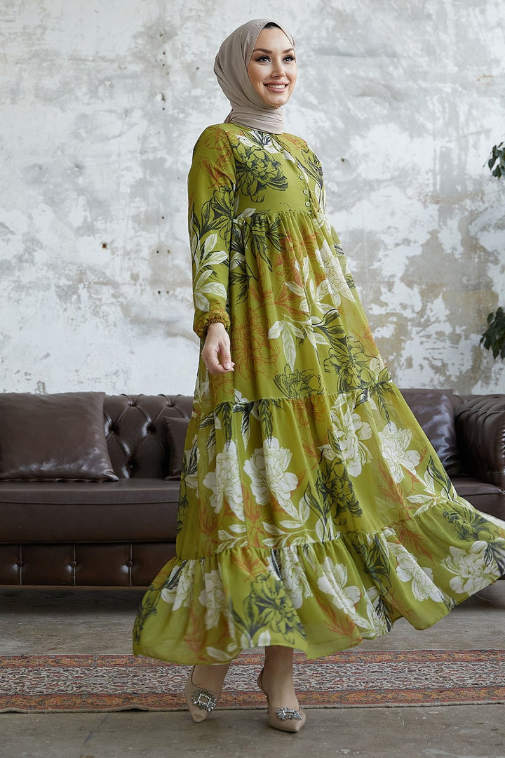 MDS Women Jalya Collar Buttoned Chiffon Dress - Olive Green - Rimini