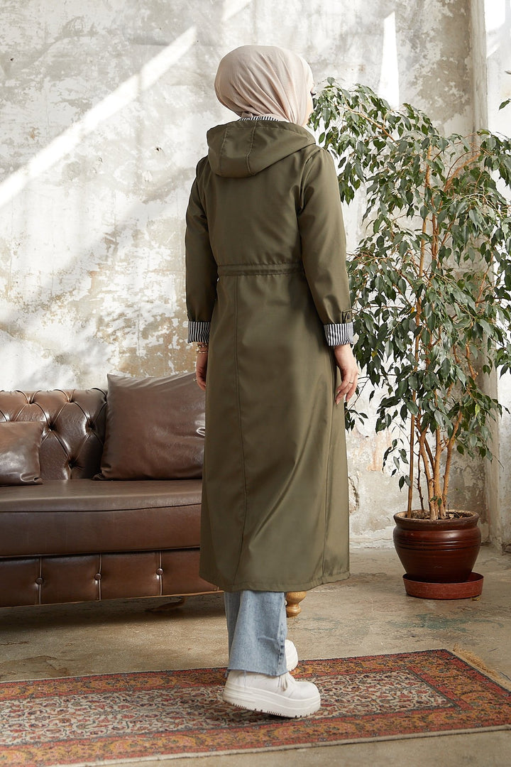 MDS Women Checked Striped Pattern Long Trench Coat - Khaki - Newnan
