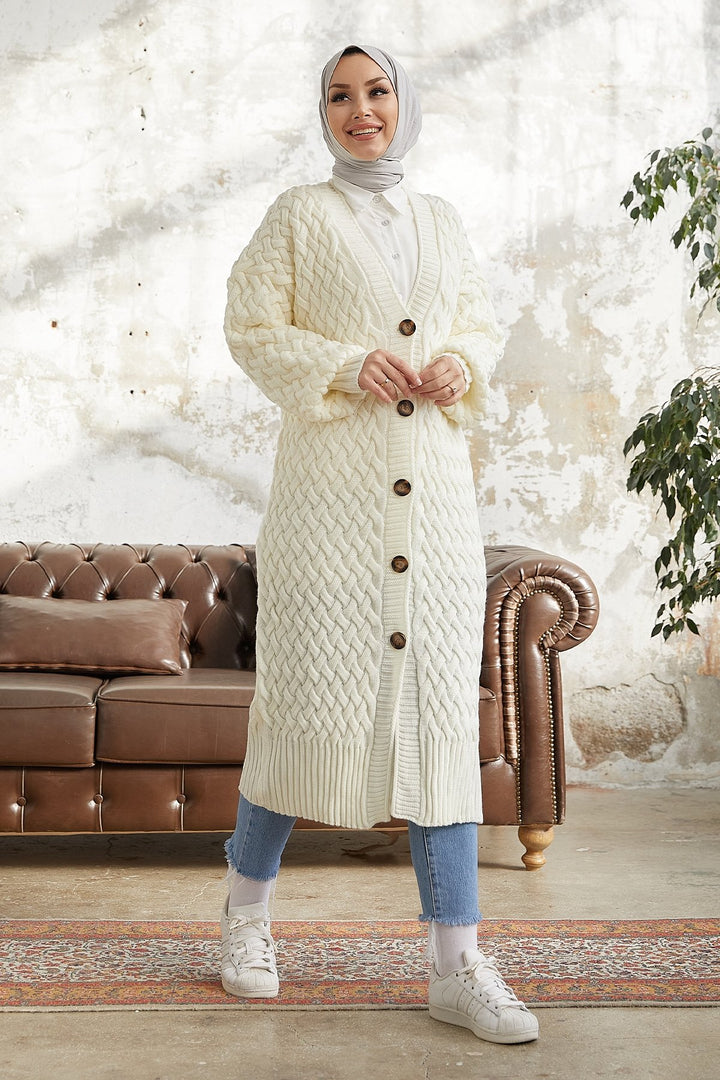 MDS Women Arene Long Braided Buttoned Cardigan - White - O Fallon