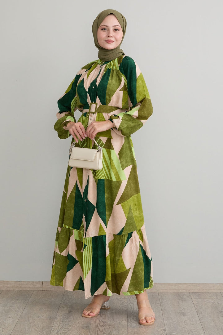 MDS Women Geometric Patterned Belted Khaki Viscose Dress - Palenque