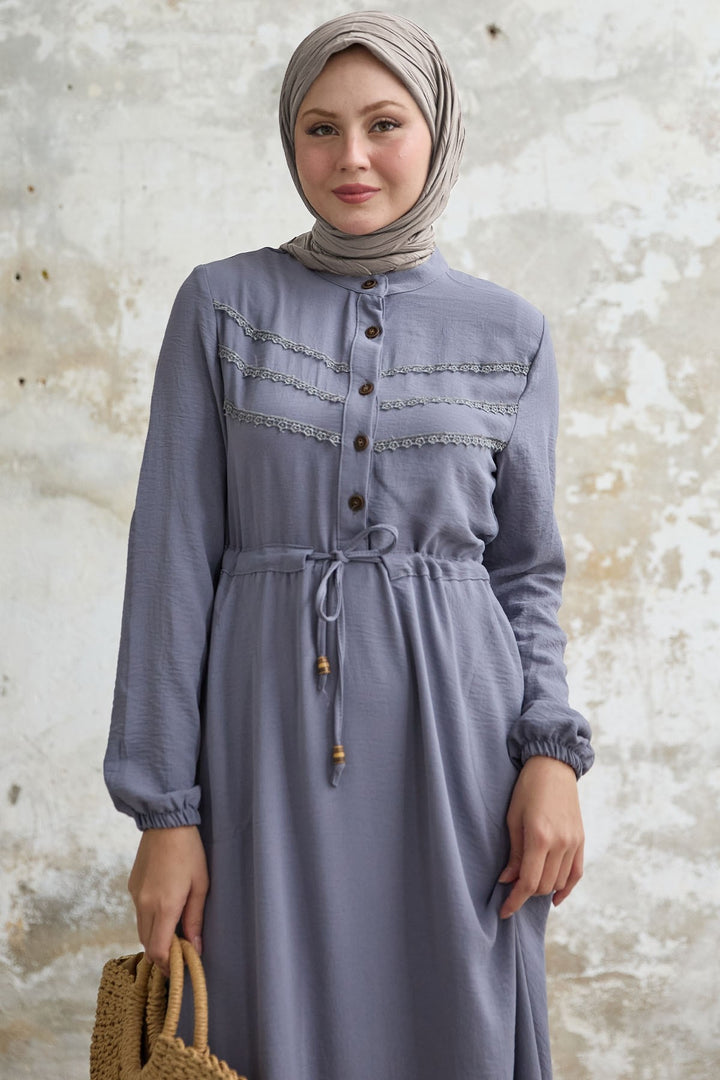 MDS Women Lace Detail Gray A-line Dress - Bowie