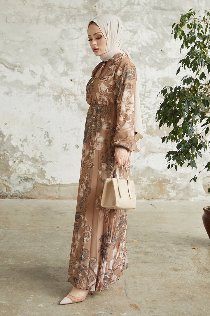 MDS Women Serena Flower Patterned Pleated Chiffon Dress - Brown - Ancona