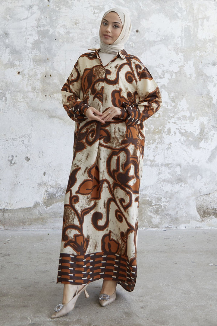 MDS Women Shirt Collar Patterned Viscose Dress - Brown - Castelldefels